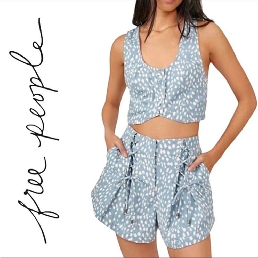 Free People‎ Bennett Blue White Spotted Lace Up High Waisted Cotton Shorts